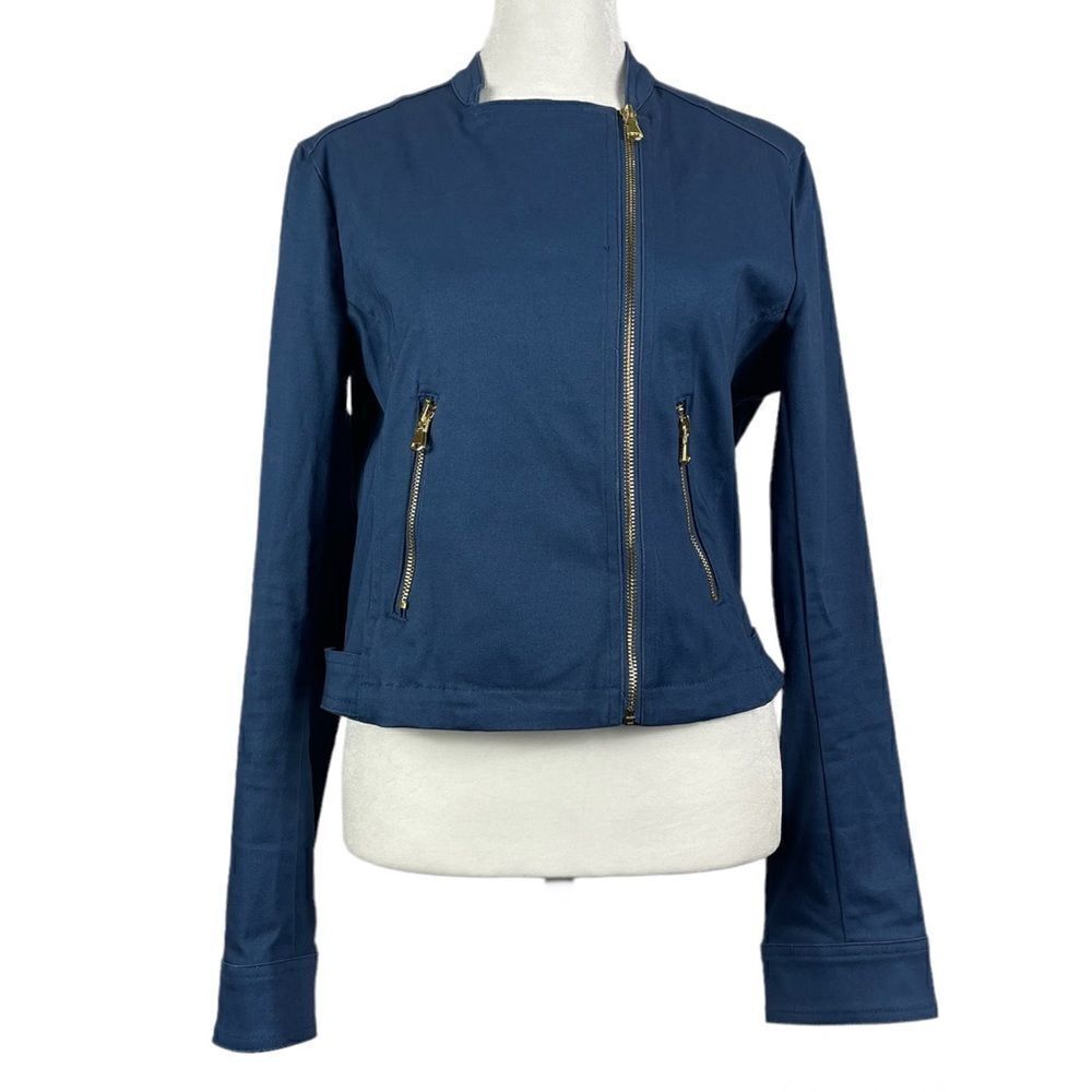 NEW Maralyn & Me Moto Peacock Blue Zipper Short Jacket Size Medium - Picture 2 of 4